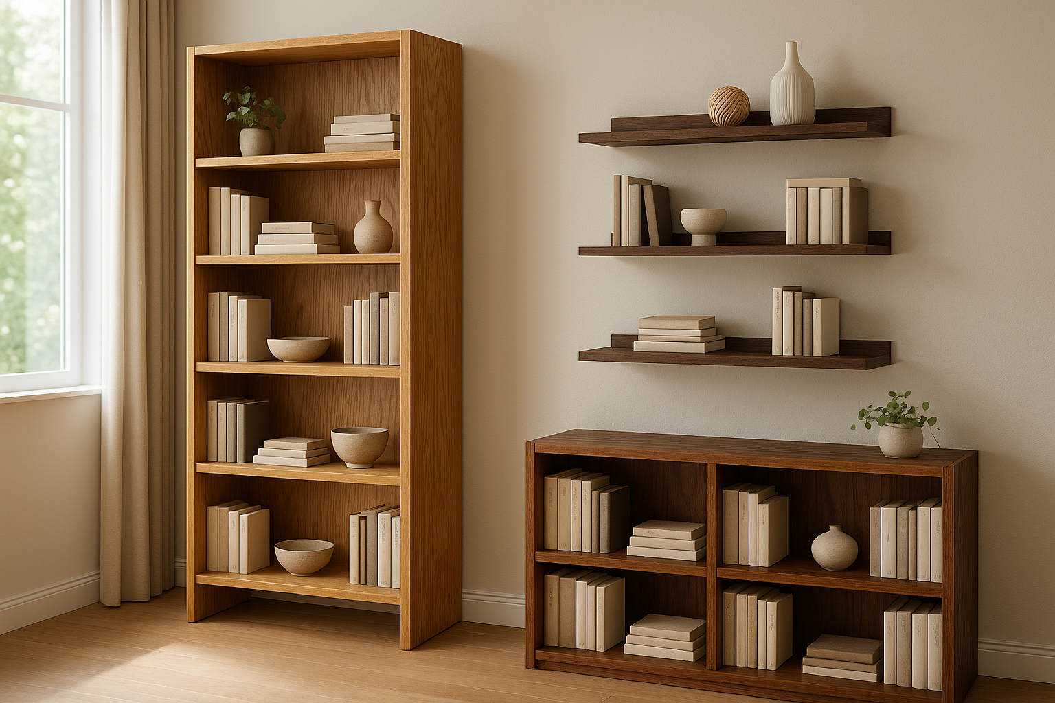 Wooden Bookshelves: Floor & Wall-Mounted Designs