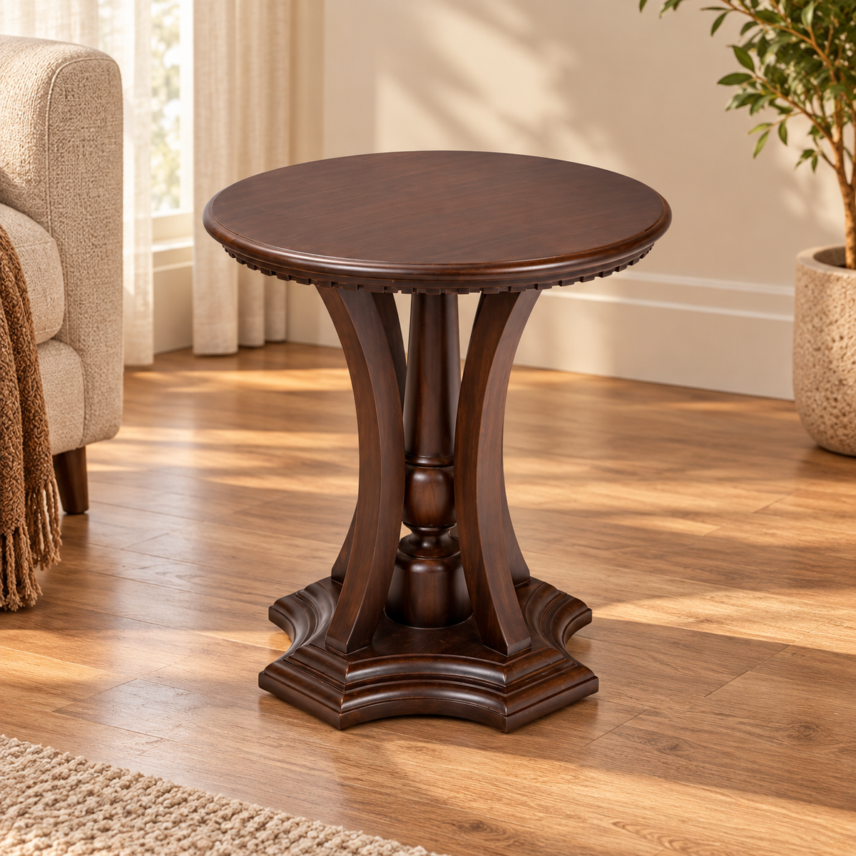 Classic Round Side Table with Sculpted Curved Base, Decorative Pedestal & Compact Design for Living Room, Bedroom, Lounge & Hotel