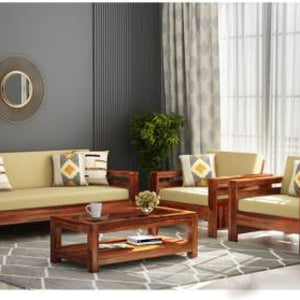 3 Seater Wooden Sofa For Home Furniture, Upholstery Fabric Modern And Durable Design For Living Room and Office- Cream