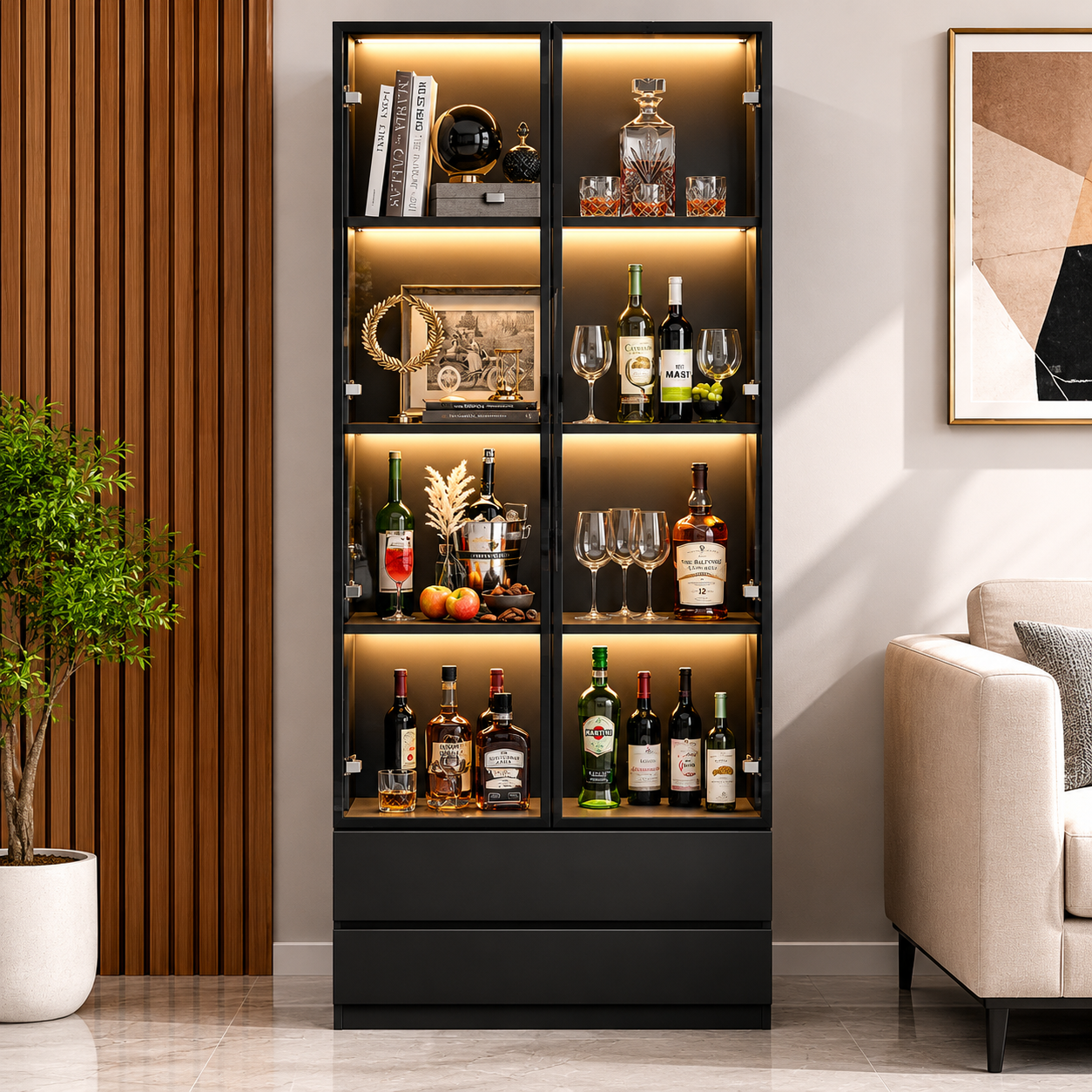 Luxury LED Glass Display Cabinet with Wine Storage, Tempered Glass Doors, MDF Frame & Drawers for Living Room and Dining Area