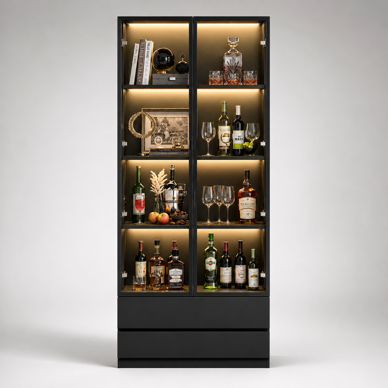 Luxury LED Glass Display Cabinet with Wine Storage, Tempered Glass Doors, MDF Frame & Drawers for Living Room and Dining Area