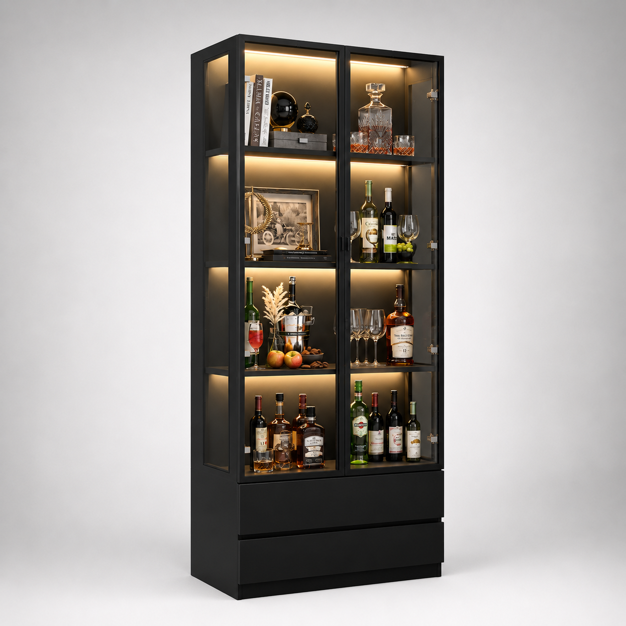 Luxury LED Glass Display Cabinet with Wine Storage, Tempered Glass Doors, MDF Frame & Drawers for Living Room and Dining Area