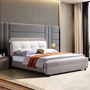 Modern Designer Upholstered Bed – Headboard, Teakwood & Plywood Base, Premium Fabric