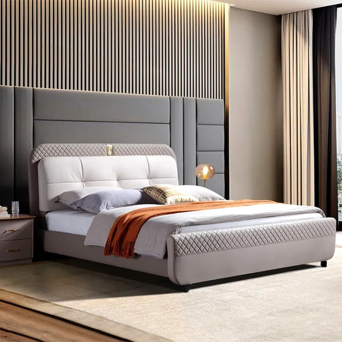Modern Designer Upholstered Bed – Headboard, Teakwood & Plywood Base, Premium Fabric