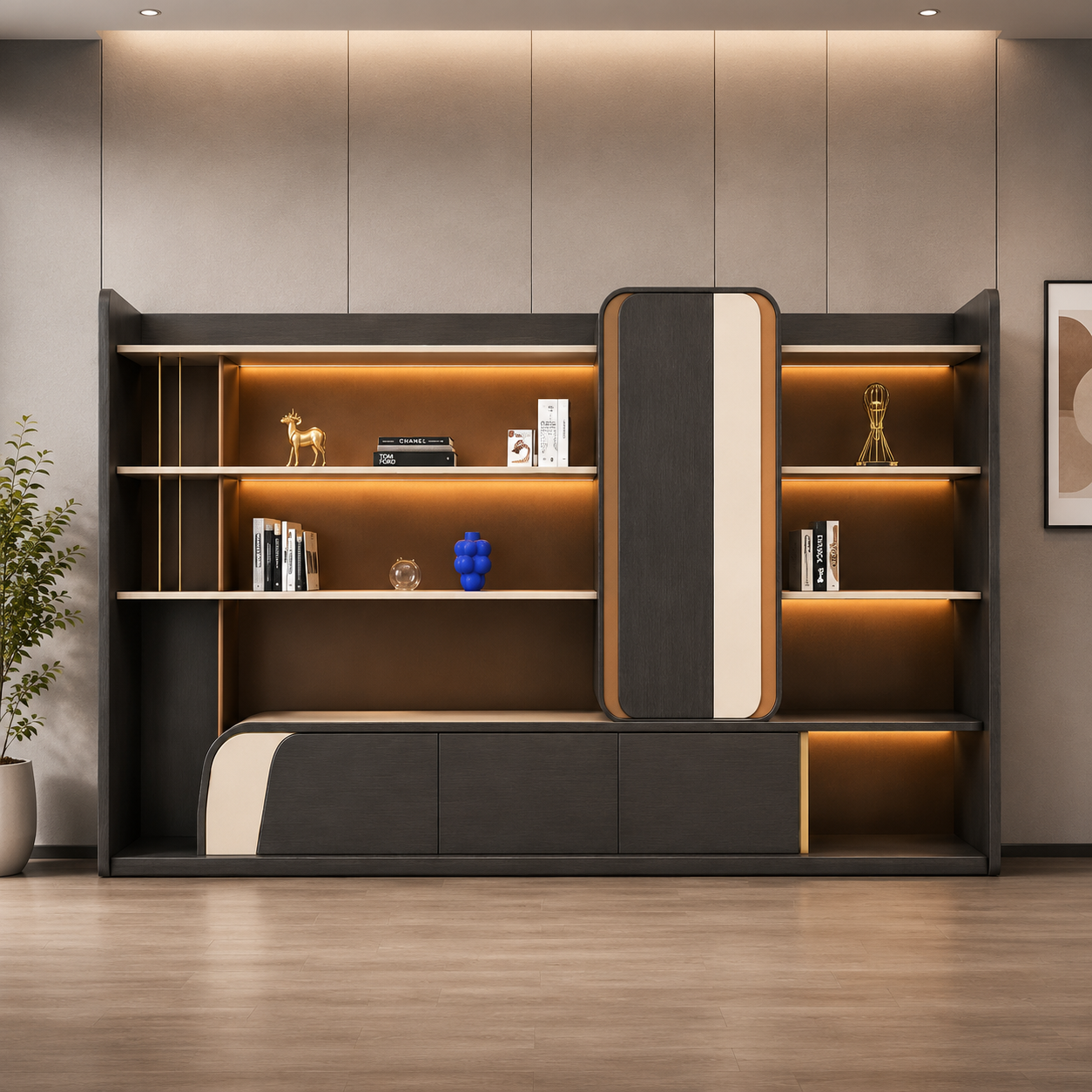 Cabinet with Sliding Door, Open Display Shelves & Storage Cabinet in MDF Laminate Finish for Living Room and Office