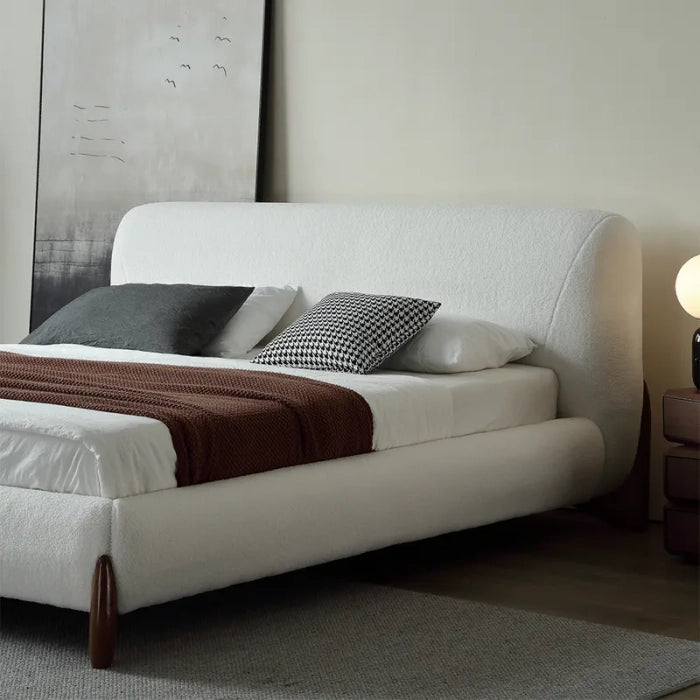 Modern White Boucle Bed – Upholstered, Plywood Frame, 36″ Headboard Height, Easy-Assembly,(Queen/King)