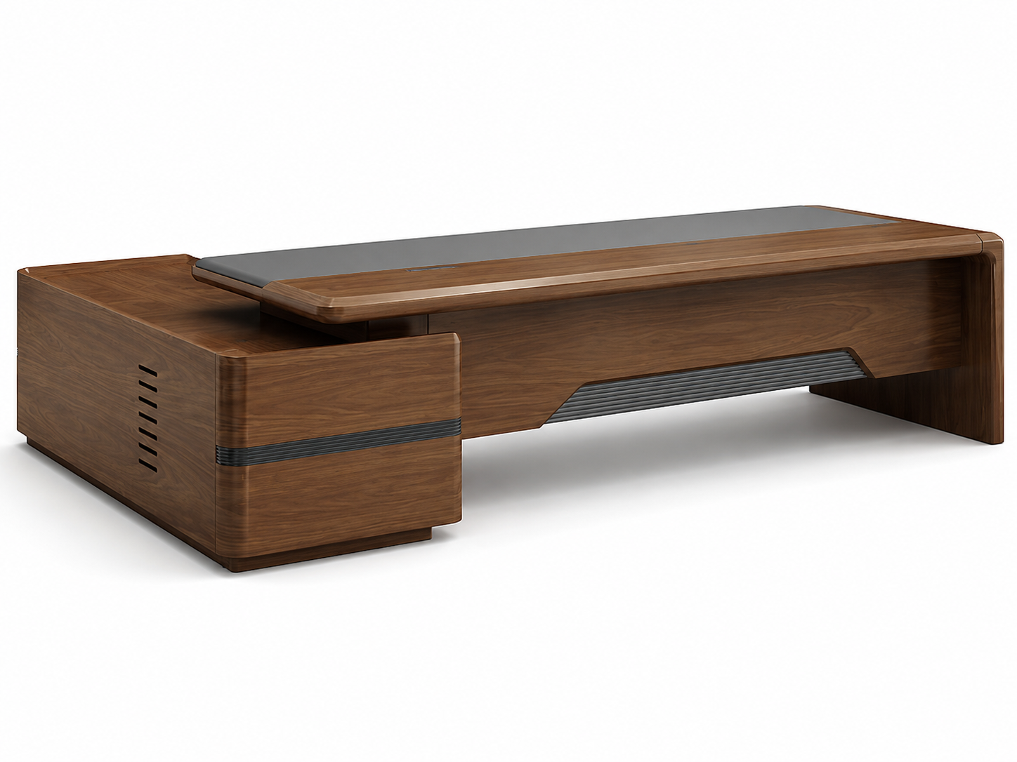 Modern Luxury Executive Office Desk with Side Credenza Storage, Walnut Wood Finish, Premium MDF Construction and Contemporary Workspace Design