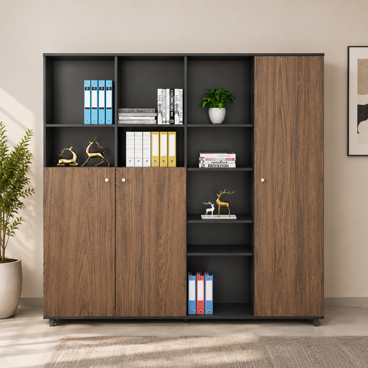 Modern Office Storage Cabinet with Open Shelves, Wooden Bookcase & Closed Door Organizer in Particle Wood Finish for Home and Office