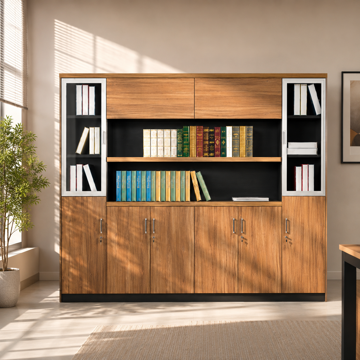 Office Library Wall Unit with Dual Glass-Front Display Towers, Open Media Shelving, and Six-Door Lower Storage Console in Premium