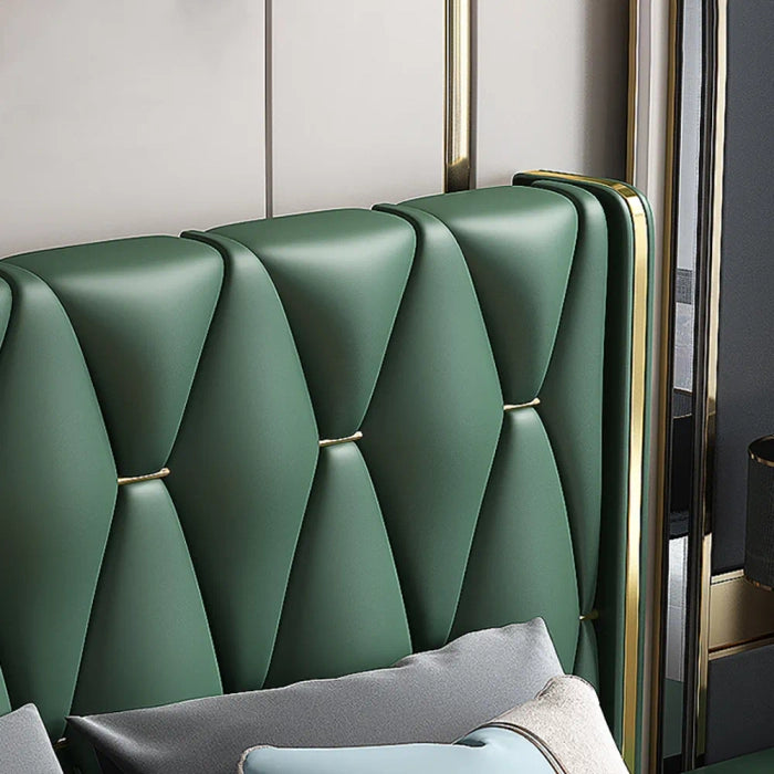 Modern Green Velvet Upholstered Bed with Gold-Tone Frame – Wooden Frame