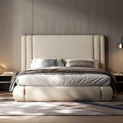 Luxury Off-White King Size Bed – 54″ High Headboard & Plywood Frame, Velvet