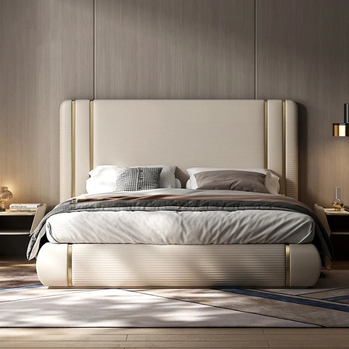Luxury Off-White King Size Bed – 54″ High Headboard & Plywood Frame, Velvet