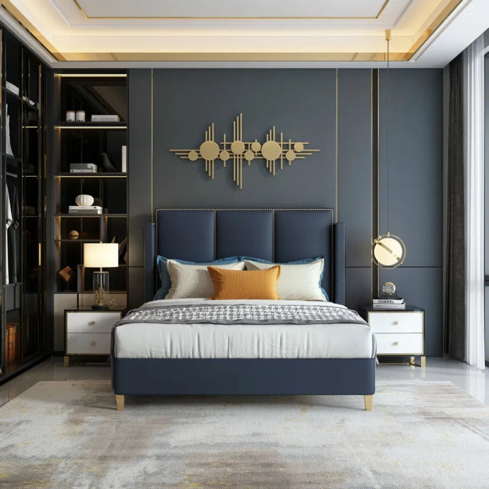 Luxury Blue King Size Bed, Leatherette Upholstered Plywood Frame, Sleepwell Foam
