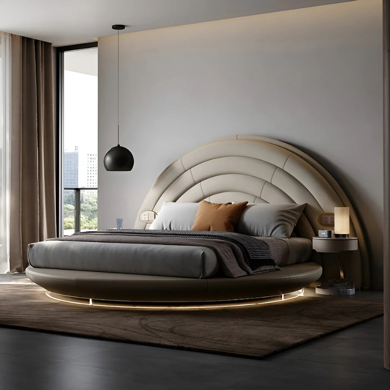 Luxury Round Platform Bed in Premium Sandstone Leather with Multi-Tiered Arched Rainbow Headboard, and Designer Stitching