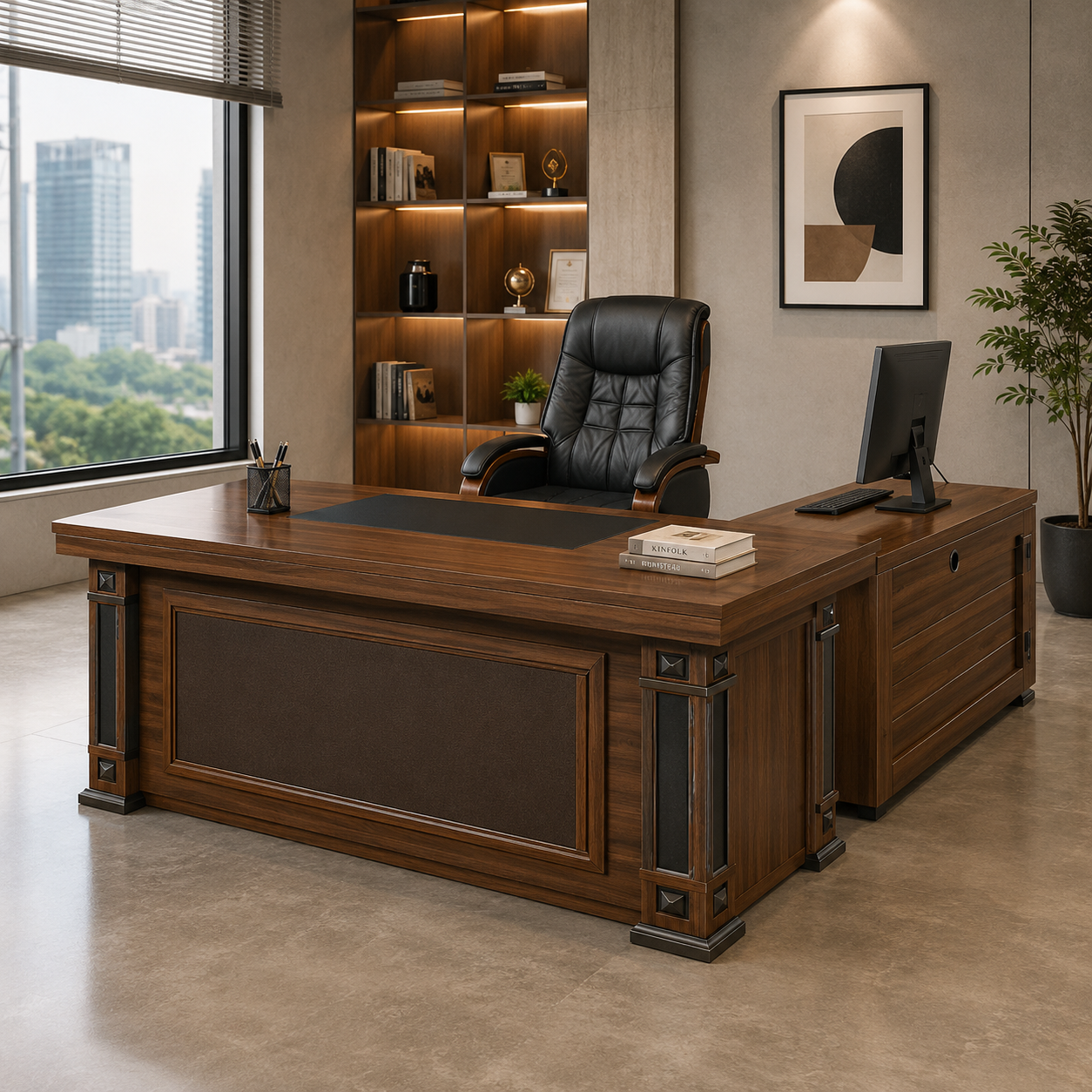 Director & Executive L-Shape Office Table Modern Desk Made in MDF with Polish - Brown