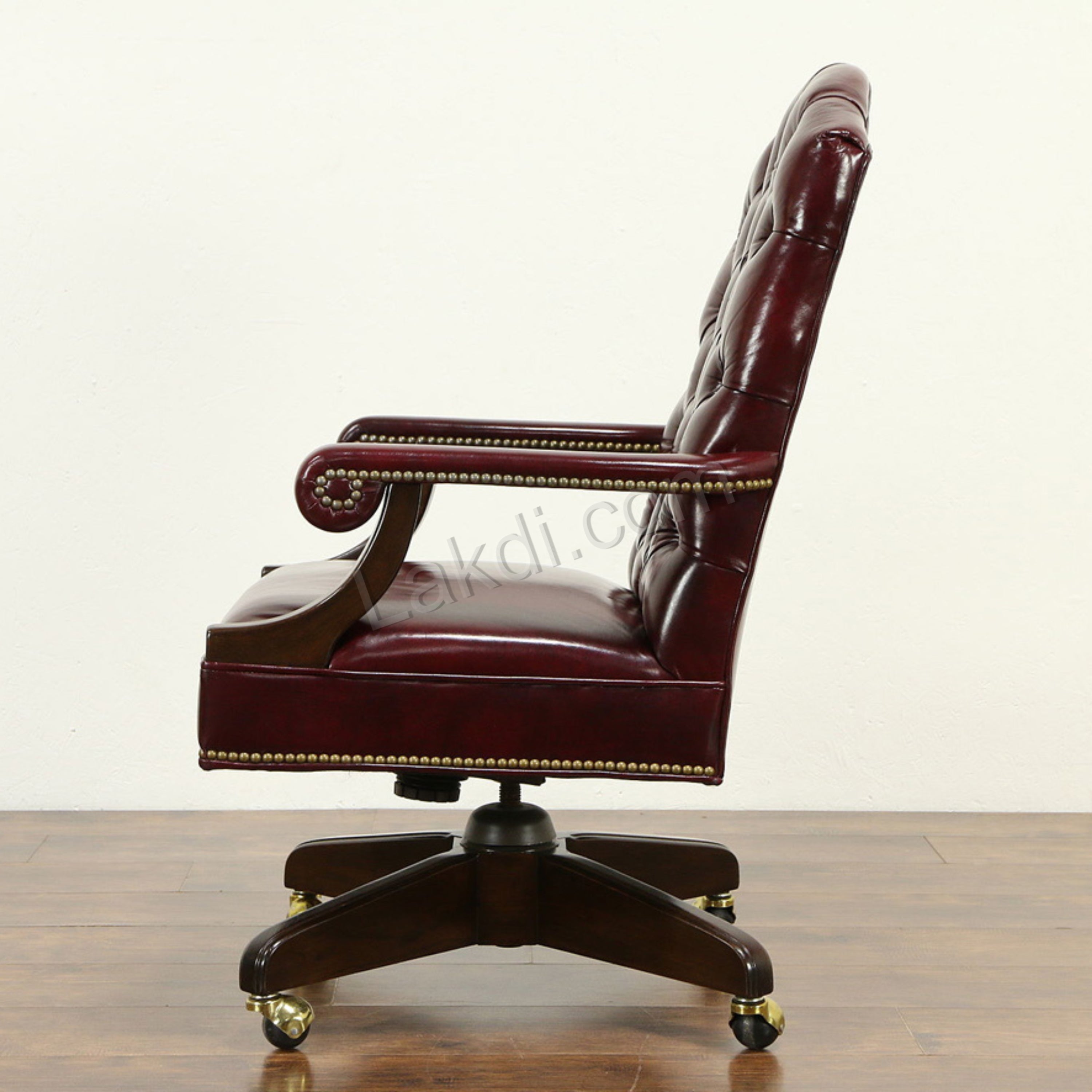 Luxury Office Director Chair Tufted Design Made in Solid wood with Leatherette and Soft Padded - Armrest and Swivel Base and Polish- Dark-Red Cherry