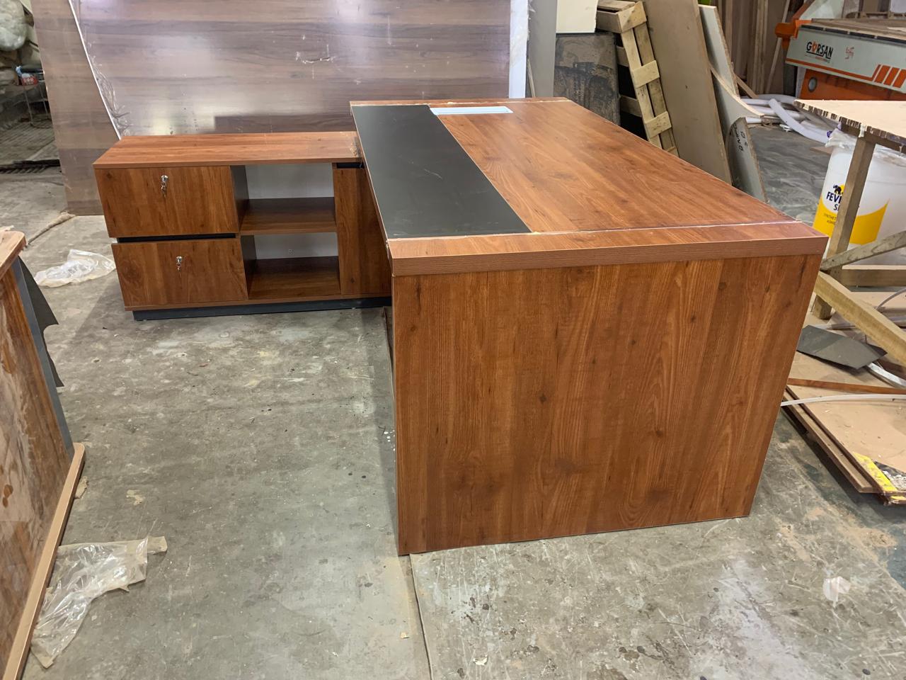 Director Office Table Made In Particle Board with Side Unite and Drawers & CPU Space - Teak Walnut Finish
