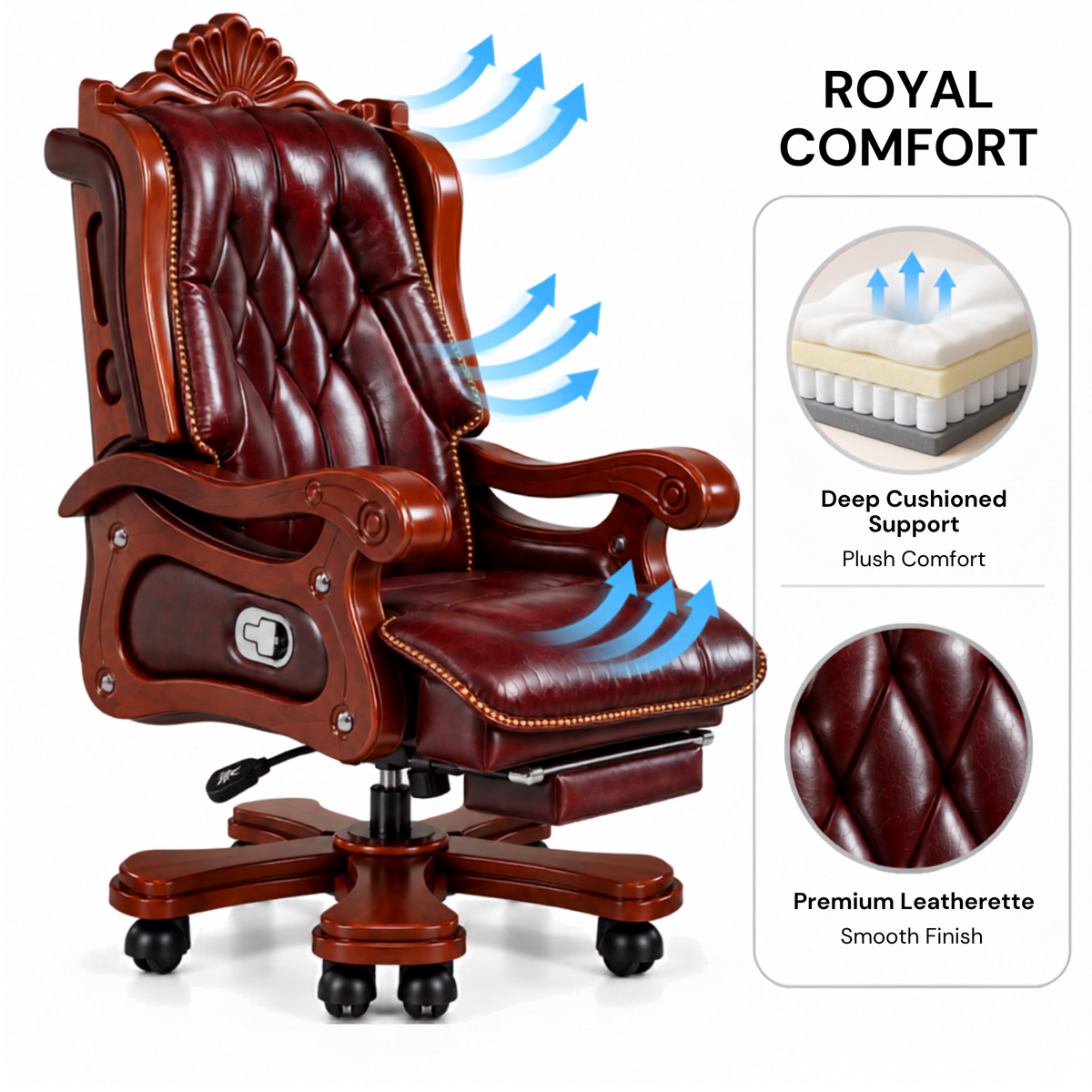 Luxury Office Director Chair Made in Teak wood with Leatherette and Soft Padded - Armrest and Swivel Base and Polish, 150° Reclining Office Seat -Brown