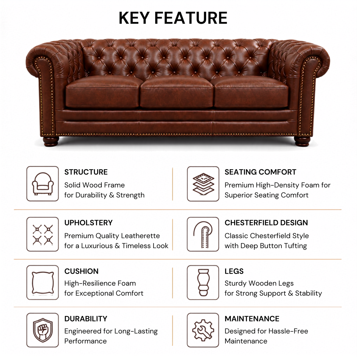 3 Seater chesterfield sofa Modern Design and Leatherette fabric Durable and Comfortable Padded Perfect for living Room, Office -Brown