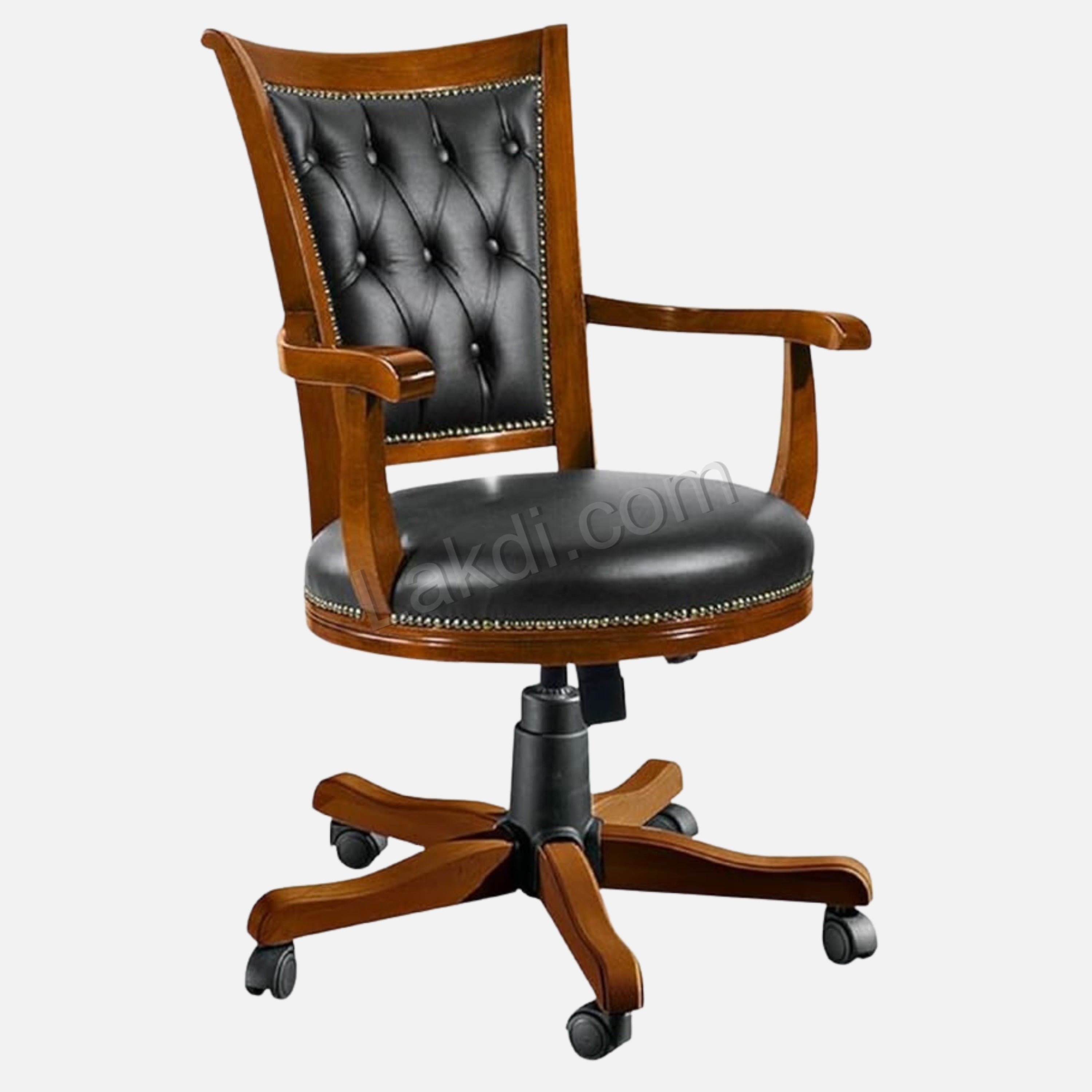 Luxury Office Director Chair Tufted Design Made in Solid wood with Leatherette and High Density Foam & Handcrafted wooden Wheelbase and wooden Polish