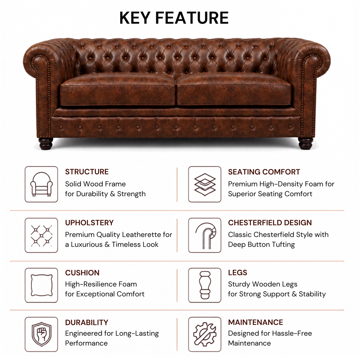 3 Seater chesterfield sofa Modern Design and Leatherette fabric Durable & Comfortable Padded Perfect for living Room -Brown