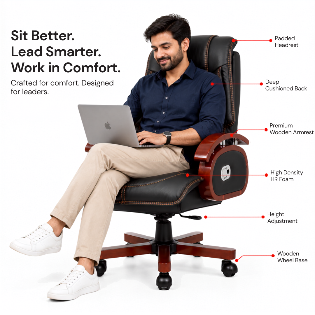 Premium High Back Leatherette Wooden Base & Handle Office Chair for Director & Executive | Revolving Recliner, Soft Heavy Cushion