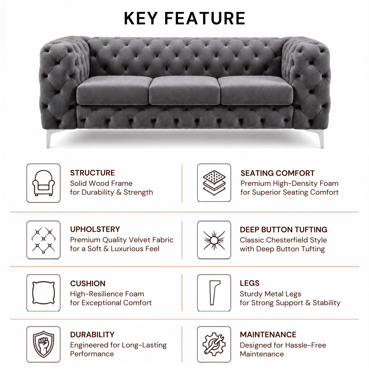 Premium Chesterfield 3 Seater Sofa with Deep Diamond Button Tufting, Curved Arms, Plush Cushioned Seats & Sleek Metal Legs