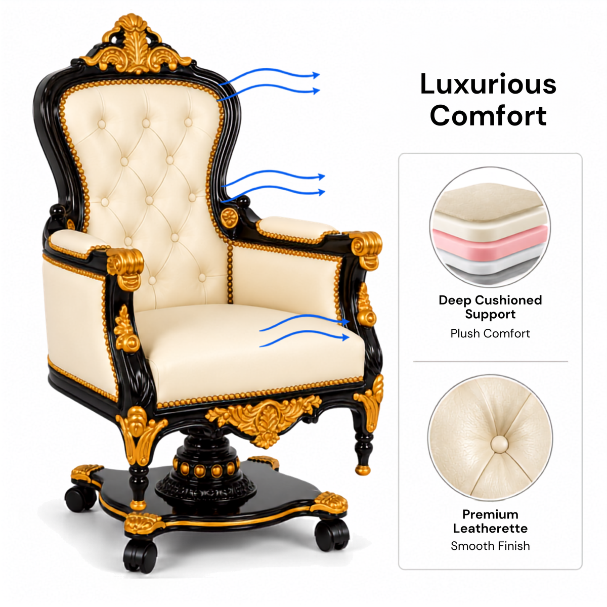 Luxury Royal Executive Office Chair with Tufted Upholstery, Hand-Carved Wooden Frame, High Back Swivel Chair for CEO Cabin & Home Office