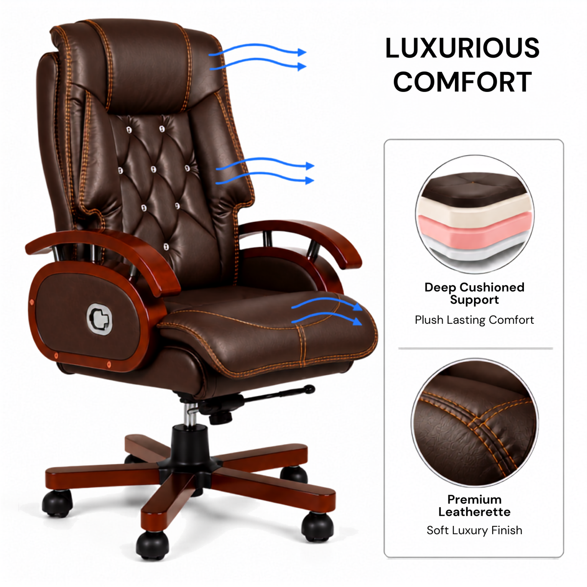 Premium High Back Leatherette Wooden Base & Handle Office Chair for Director & Executive | Revolving Recliner, Soft Heavy Cushion