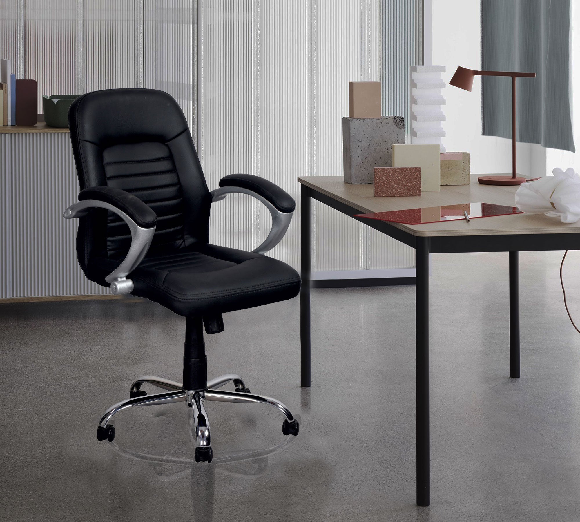 Executive Mid Back Office Chair with Cushioned Upholstery, Adjustable Height, Chrome Base, Designer Armrests & Smooth Swivel for Office and Home Use