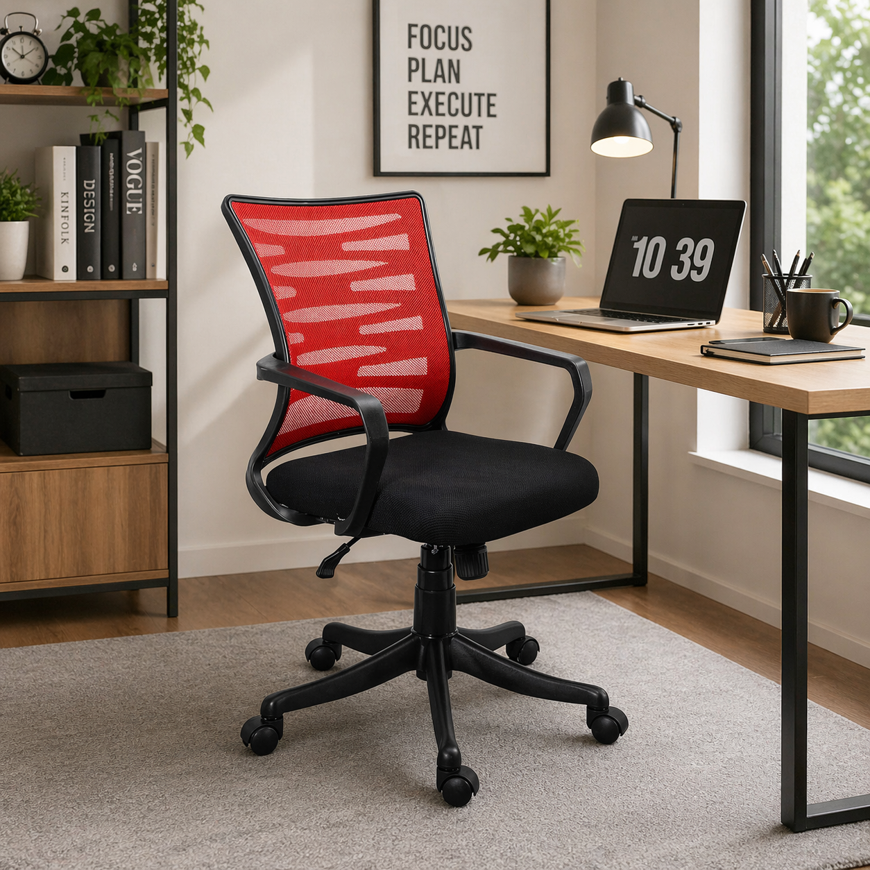 Executive Mid Back Office Chair with Breathable Mesh Back, Cushioned Fabric Seat, Adjustable Height, Swivel Base & Armrests – Ergonomic Workstation Chair