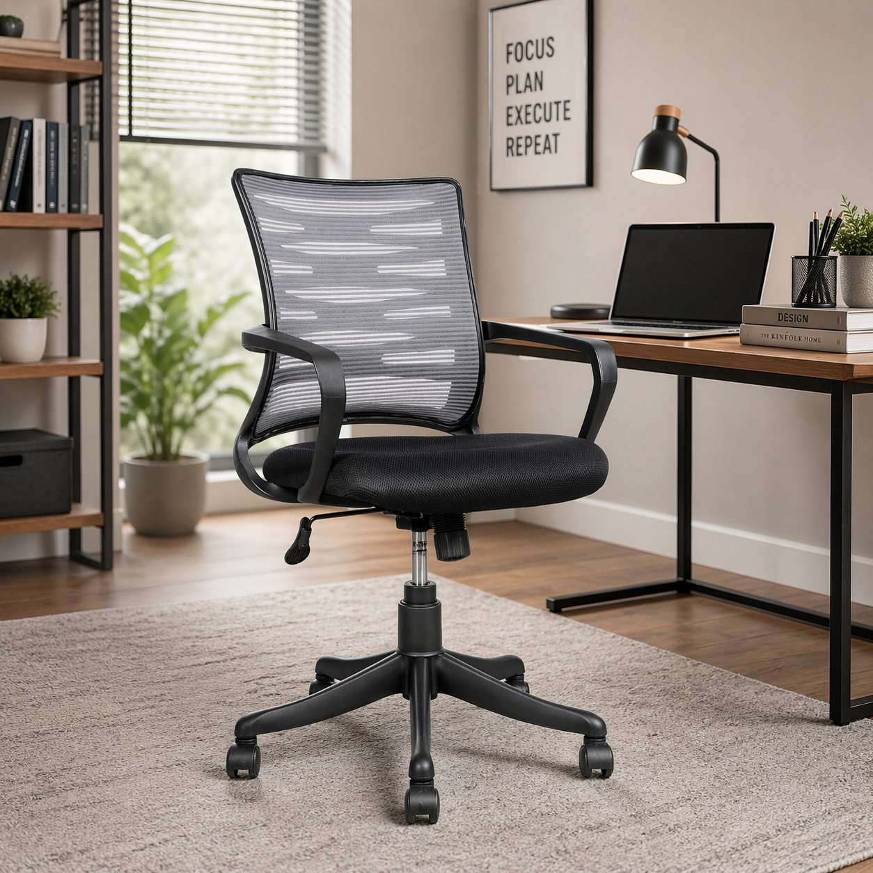 Executive Mid Back Office Chair with Breathable Mesh Back, Cushioned Fabric Seat, Adjustable Height, Swivel Base & Armrests – Ergonomic Workstation Chair