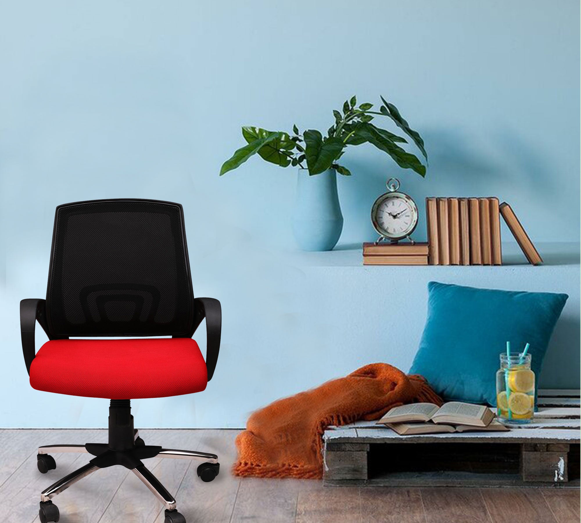 Ergonomic Mid Back Mesh Office Chair with Red Cushioned Seat, Breathable Backrest, Fixed Armrests and Height Adjustable Swivel Base for Office and Home