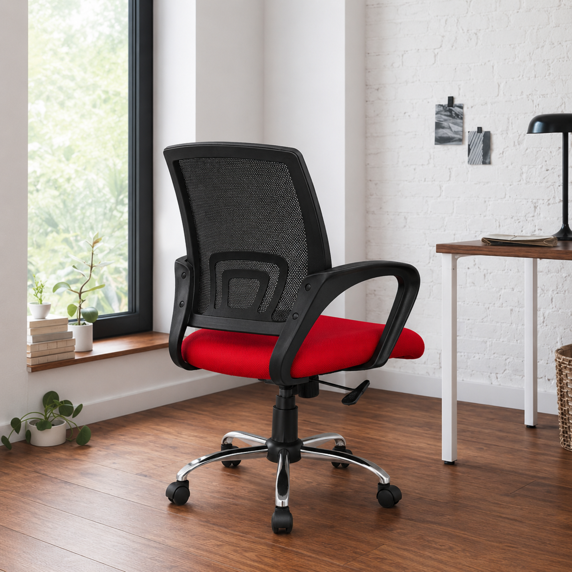 Ergonomic Mid Back Mesh Office Chair with Red Cushioned Seat, Breathable Backrest, Fixed Armrests and Height Adjustable Swivel Base for Office and Home