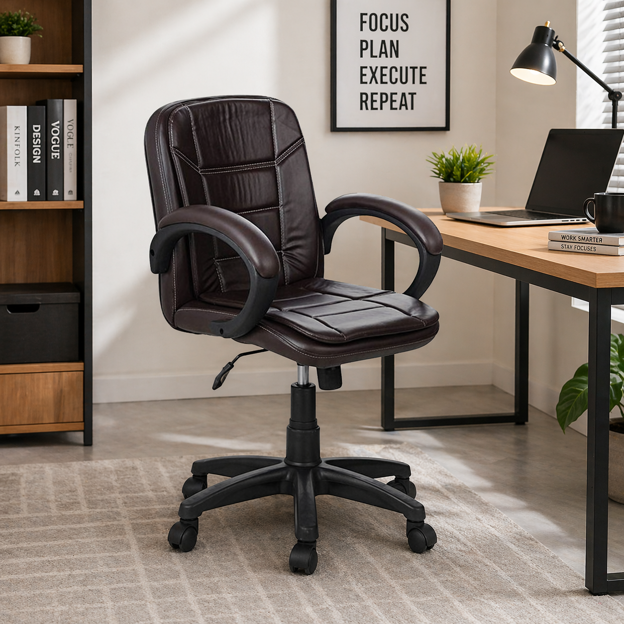 Executive Mid Back Office Chair in Premium Leatherette with Cushioned Seat, Ergonomic Support, Adjustable Height, Swivel Base & Wheels for Home & Office Use