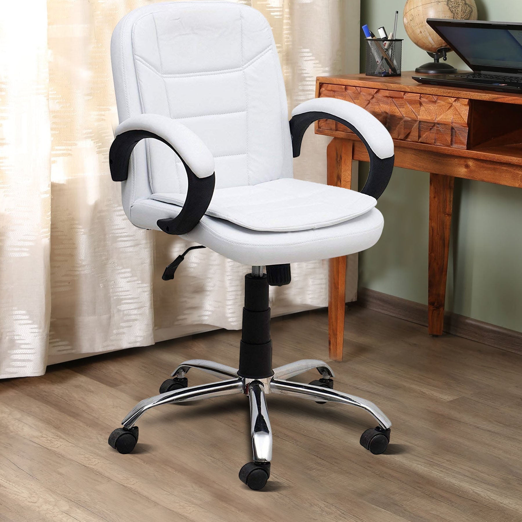 Executive Leatherette Mid Back Chair with Cushioned Seat, Curved Armrests, Hydraulic Height Adjustment and Chrome Base – Ergonomic Office Chair