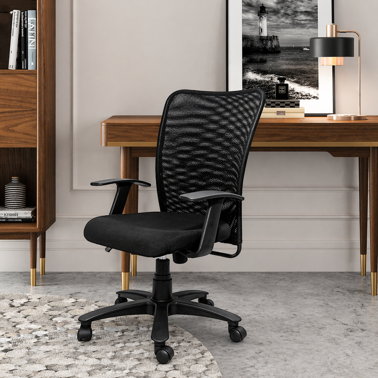 Executive Mid Back Office Chair with Breathable Mesh Back, Fabric Cushioned Seat, Fixed Armrests, Adjustable Swivel Base with Wheels for Office and Home Use