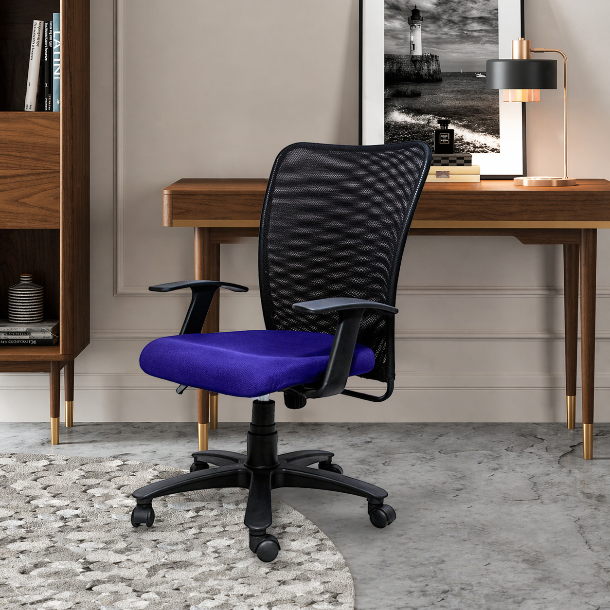 Executive Mid Back Office Chair with Breathable Mesh Back, Fabric Cushioned Seat, Fixed Armrests, Adjustable Swivel Base with Wheels for Office and Home Use