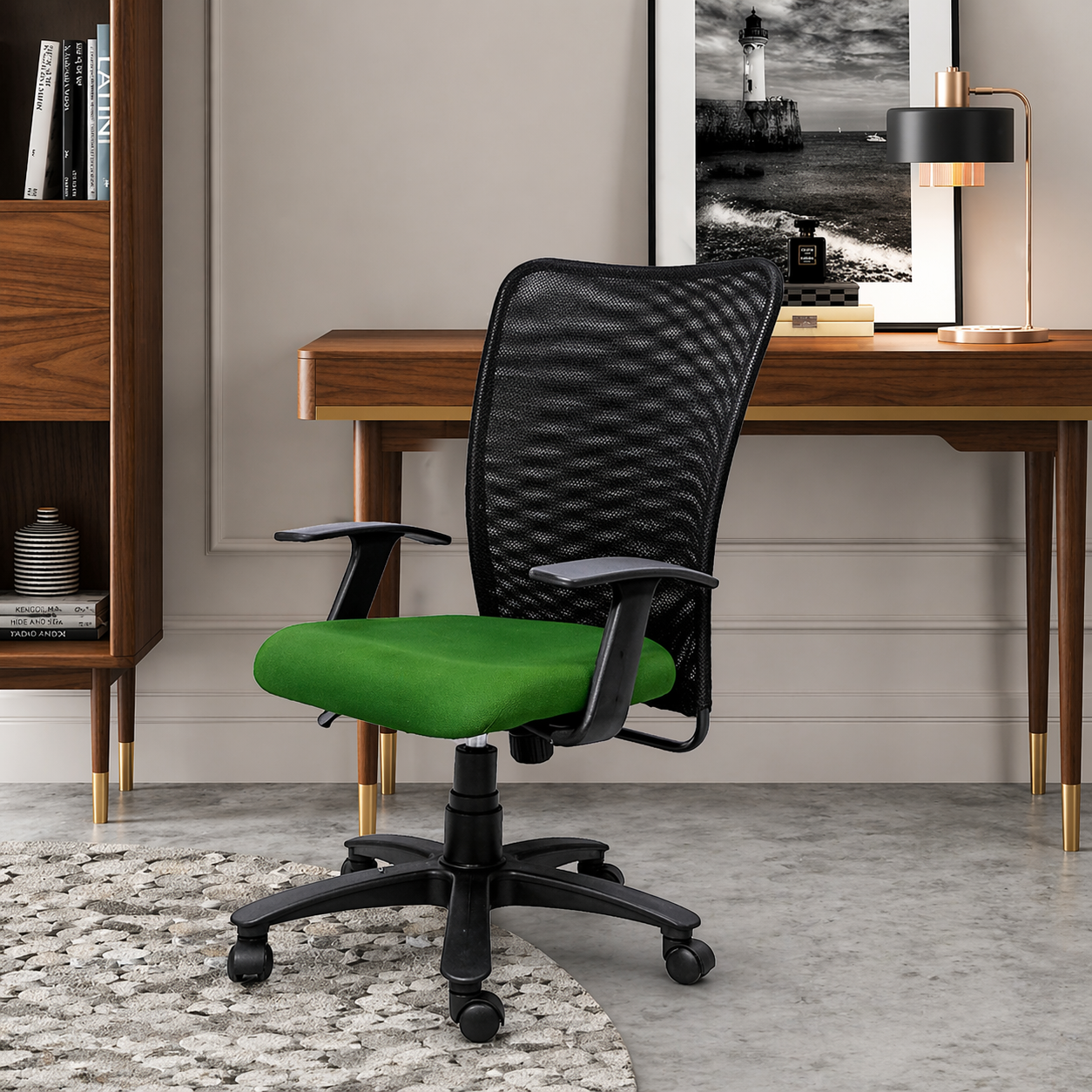 Executive Mid Back Office Chair with Breathable Mesh Back, Fabric Cushioned Seat, Fixed Armrests, Adjustable Swivel Base with Wheels for Office and Home Use