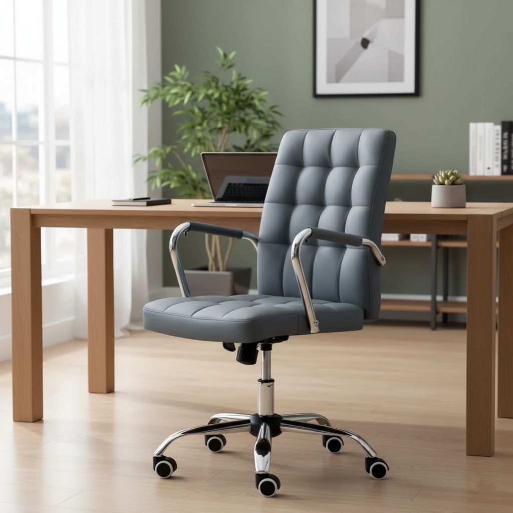 Executive Office Chair with Cushioned Backrest, Chrome Armrests, Adjustable Height and Swivel Base – Modern Ergonomic Desk Chair