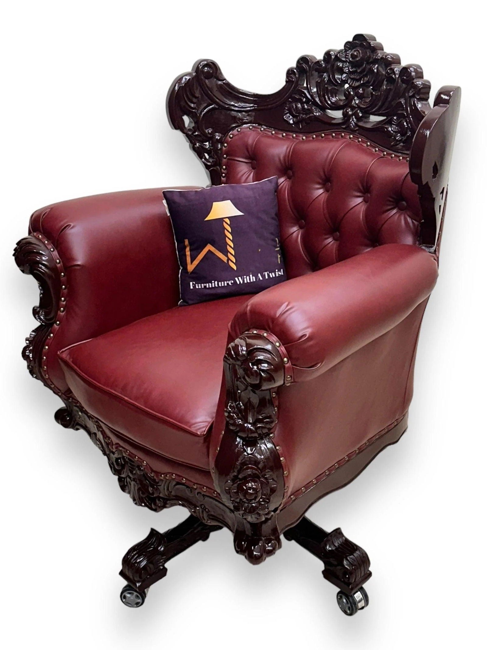 Royal Twist Design Hand Carved Teak Wood Adjustable Height 360?? Swivel Button Tufted Office Armrest Chair -