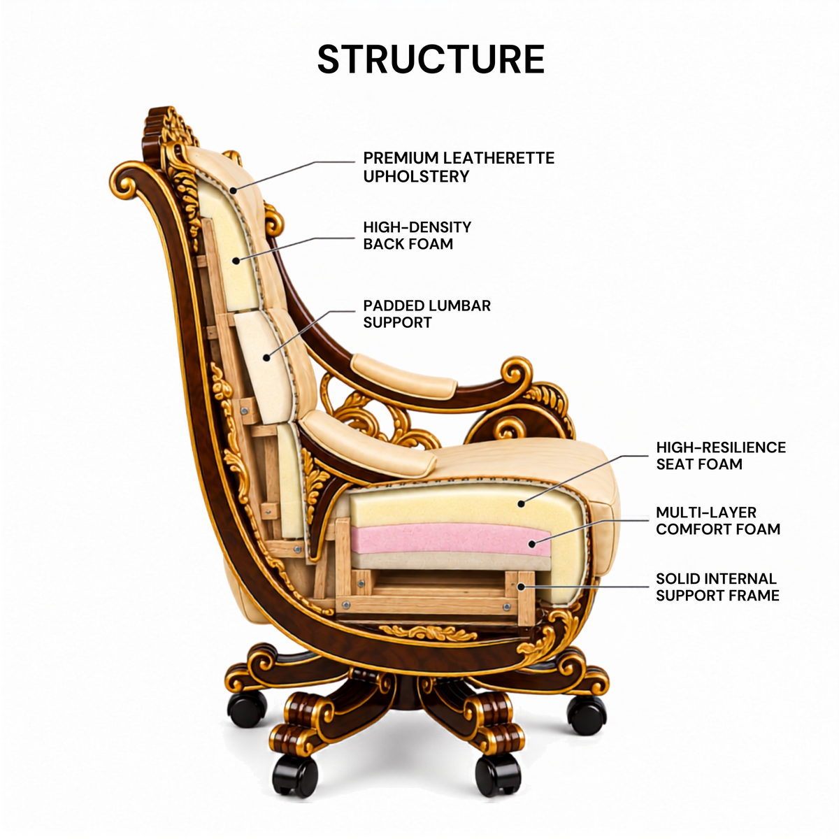 Maharaja luxury carved wooden chair in teak wood for multi purposes best quality material with golden deco polished