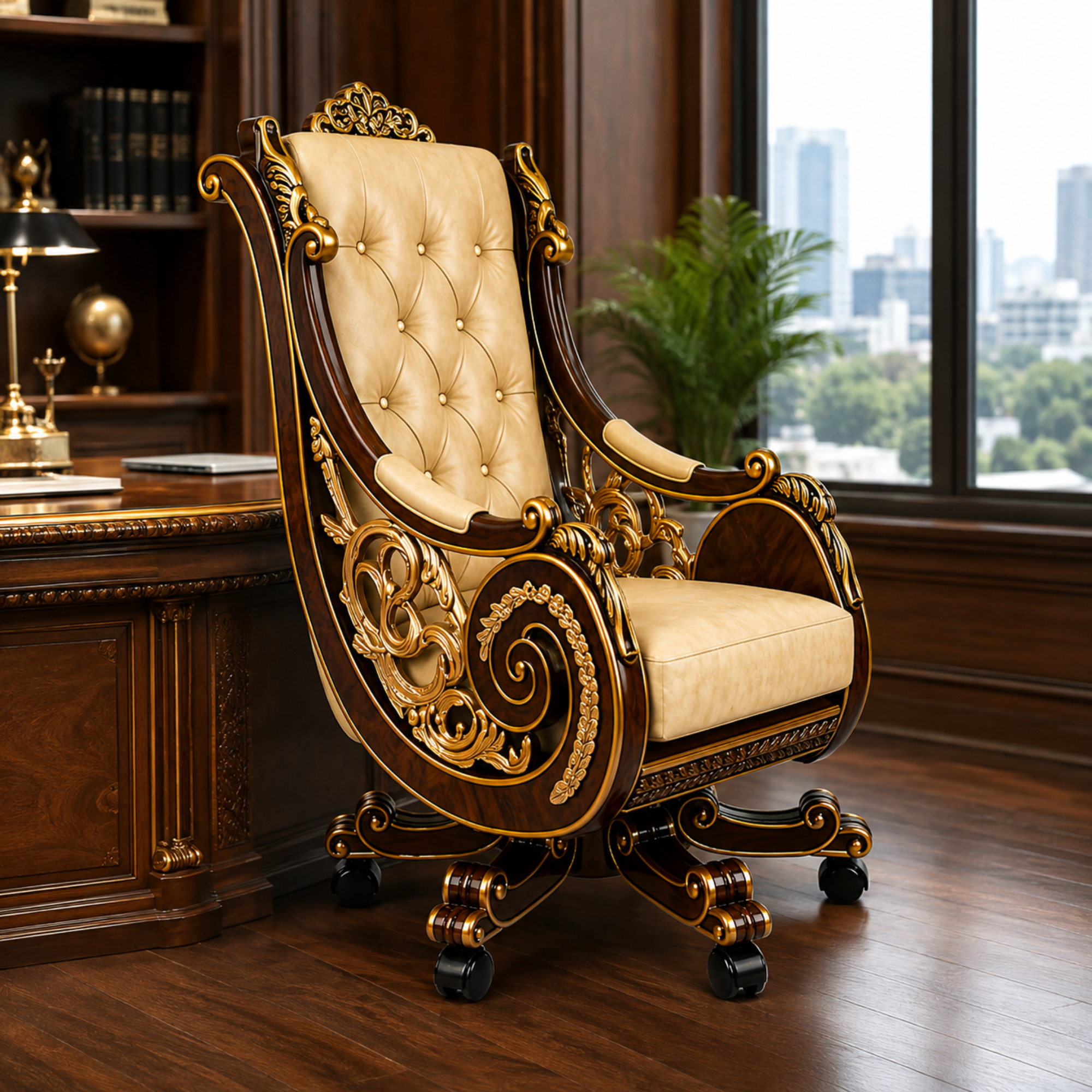 Maharaja luxury carved wooden chair in teak wood for multi purposes best quality material with golden deco polished