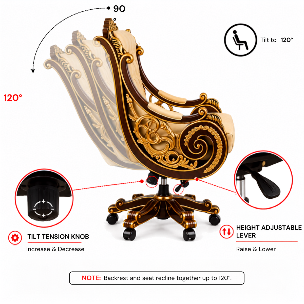 Maharaja luxury carved wooden chair in teak wood for multi purposes best quality material with golden deco polished