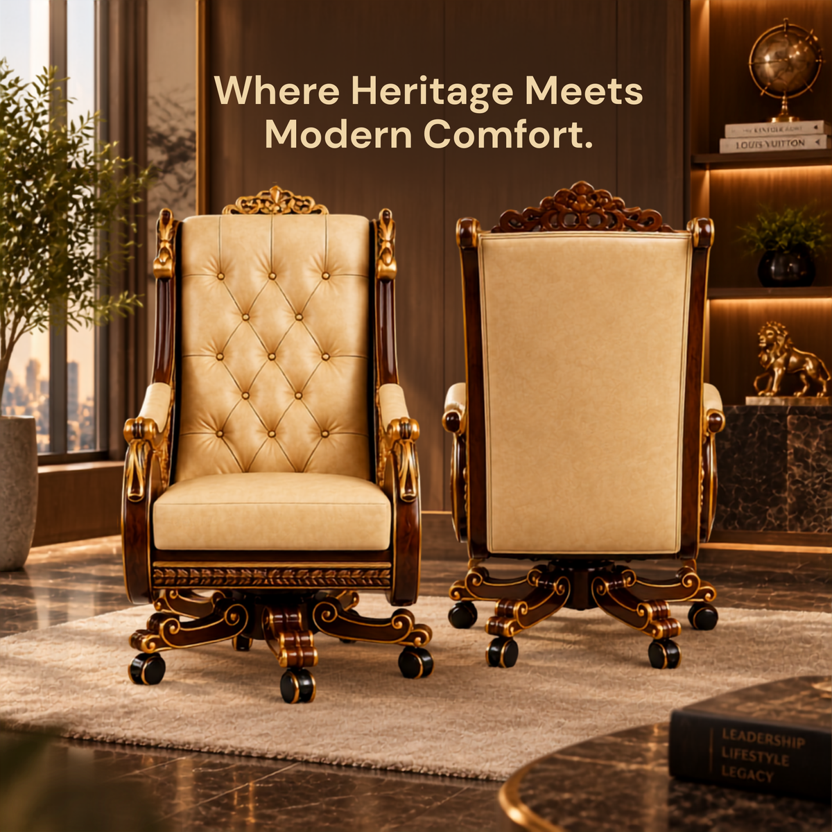 Maharaja luxury carved wooden chair in teak wood for multi purposes best quality material with golden deco polished