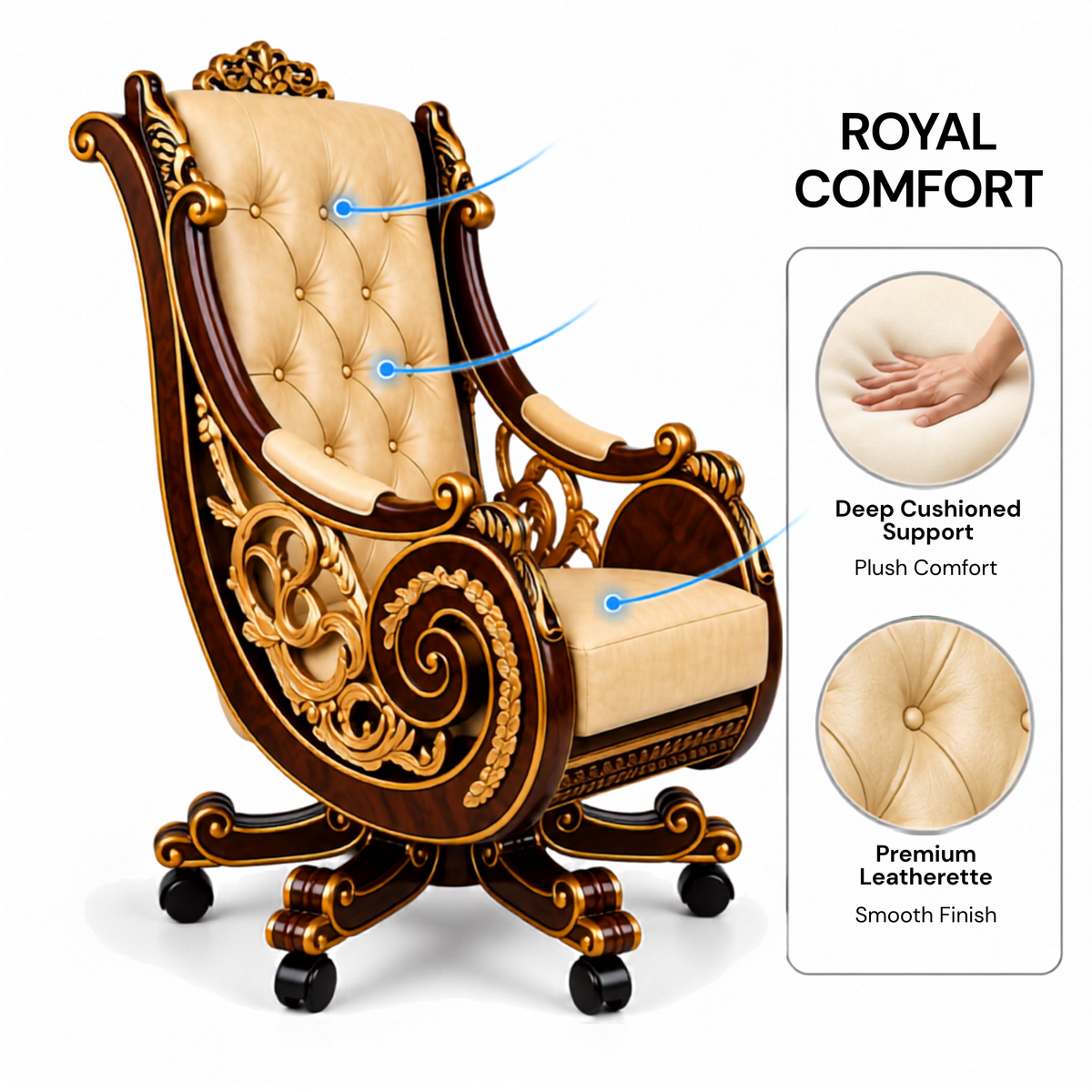 Maharaja luxury carved wooden chair in teak wood for multi purposes best quality material with golden deco polished
