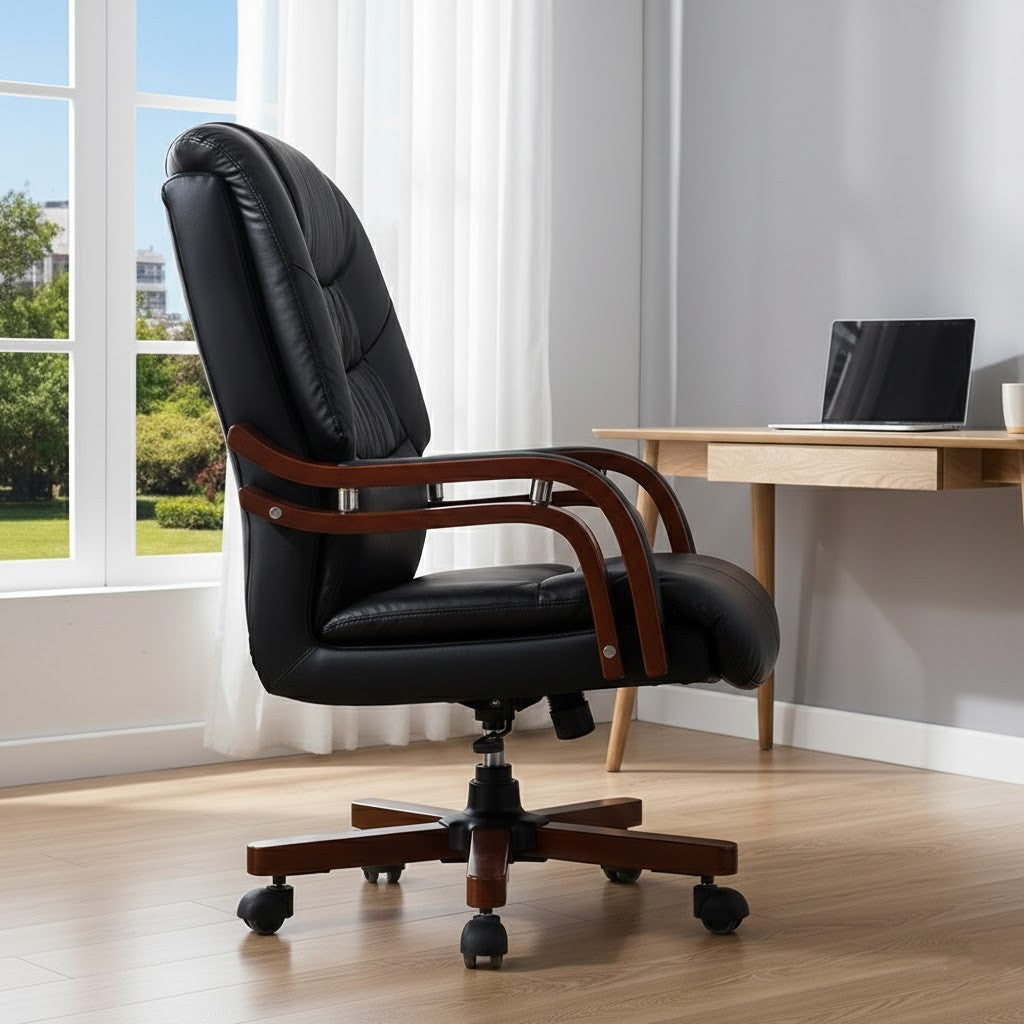 High Back Director Chair for office Made in Plyboard with Leatherette Upholstery & Armrest with wooden WheelBase & Revolving Chair -black