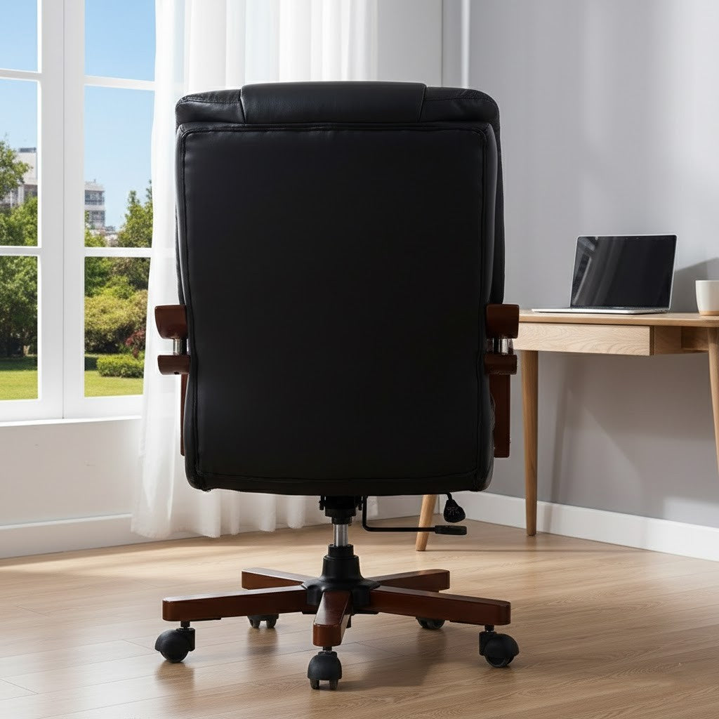 High Back Director Chair for office Made in Plyboard with Leatherette Upholstery & Armrest with wooden WheelBase & Revolving Chair -black