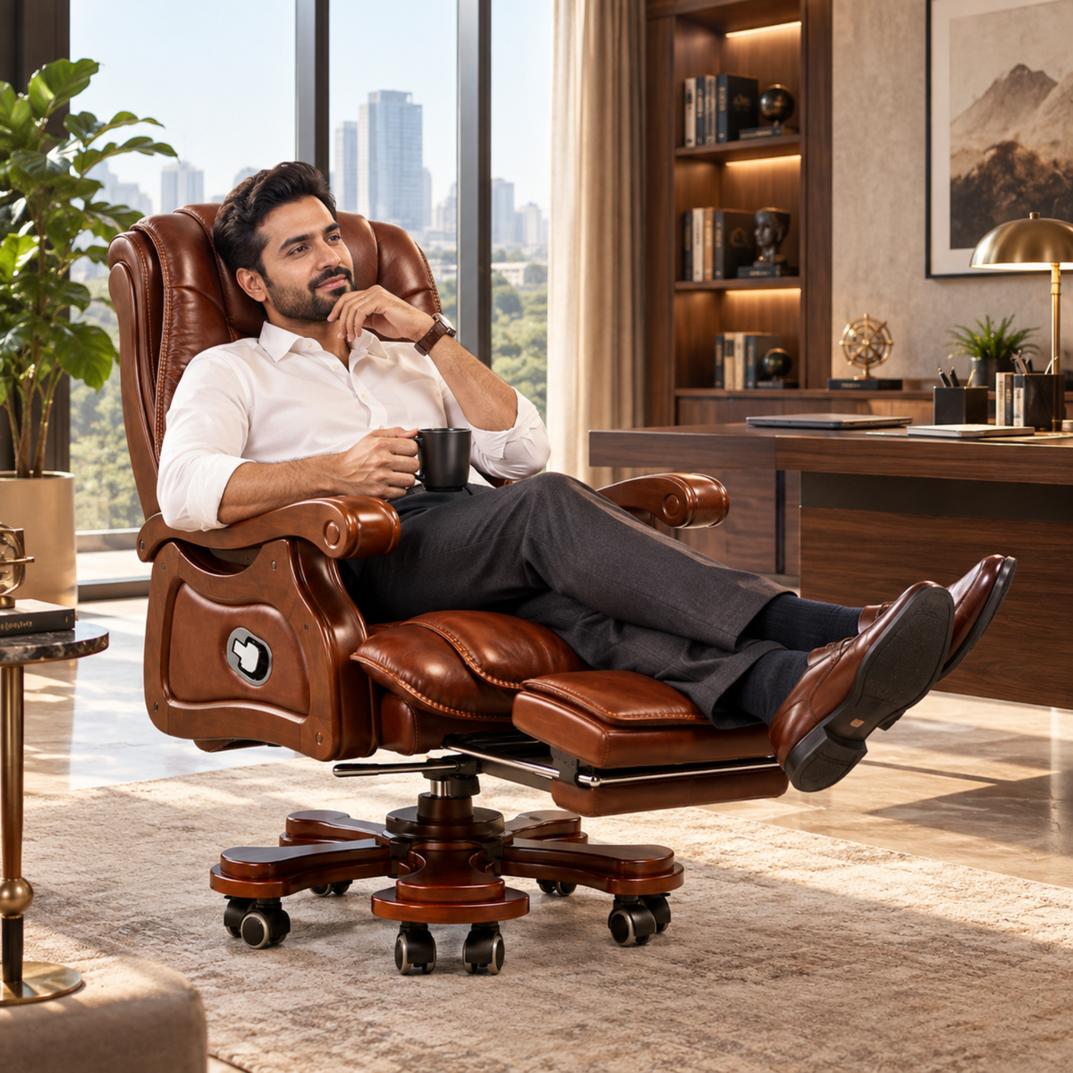High Back Director Chair for office Luxury Design Made in Plyboard with Leatherette & Recliner & Footrest  Best Ergonomic Office Chair