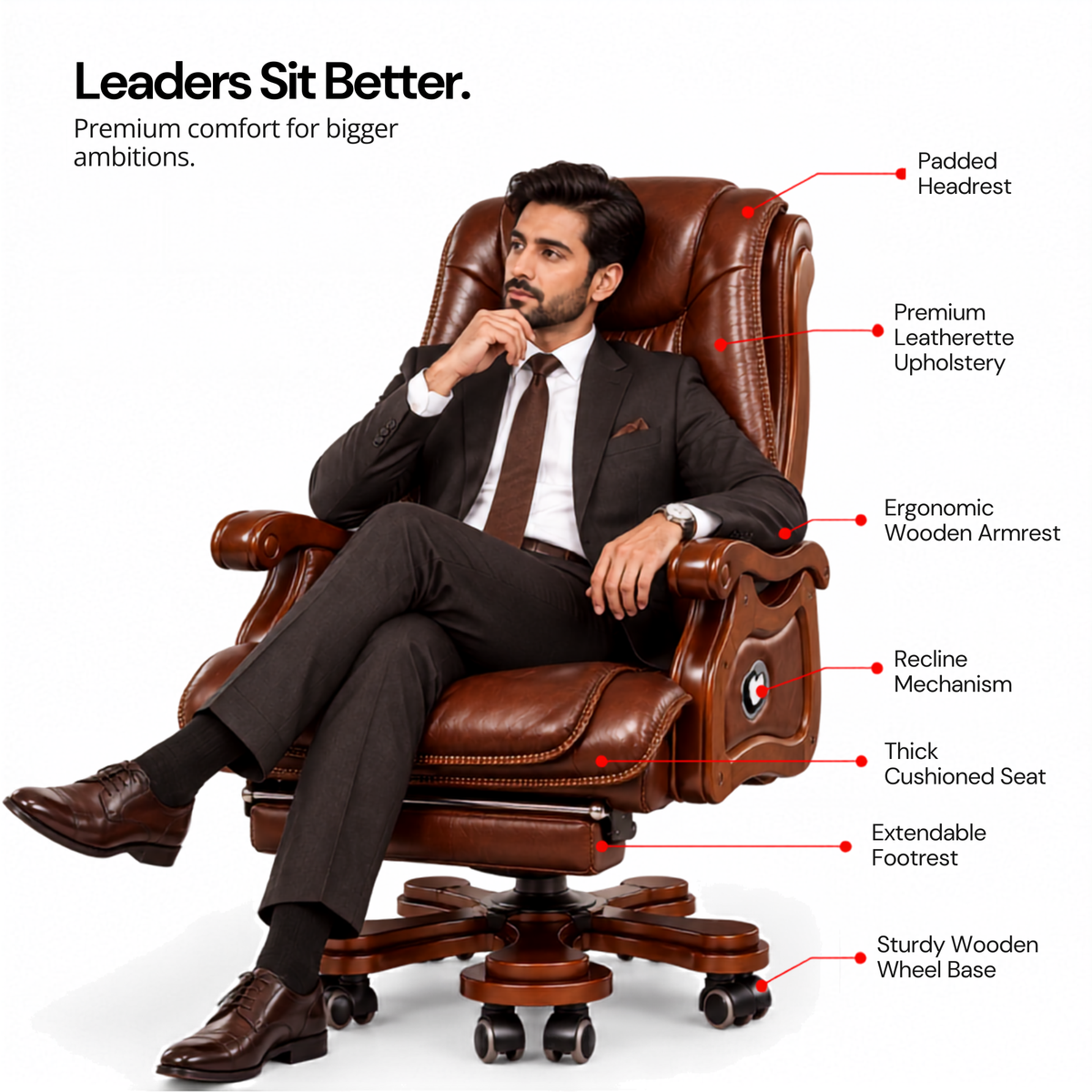 High Back Director Chair for office Luxury Design Made in Plyboard with Leatherette & Recliner & Footrest  Best Ergonomic Office Chair